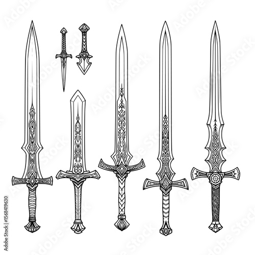 Collection of intricately designed fantasy swords and daggers with elaborate patterns and ornate hilts presented as a detailed line art silhouette isolated on transparent background