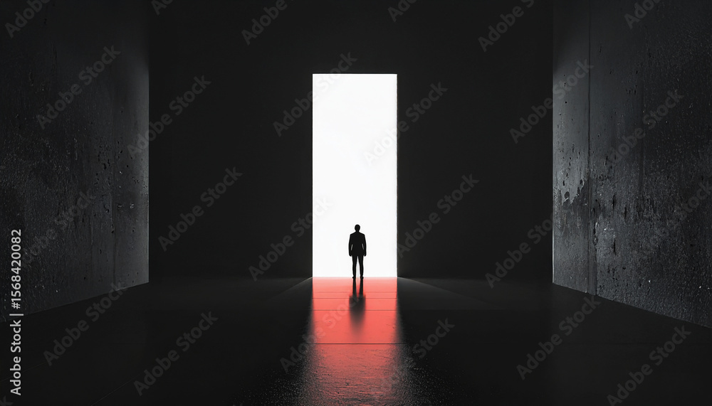 Obraz premium Silhouette of person walking toward bright doorway in dark minimalist corridor symbolizing transition and hope