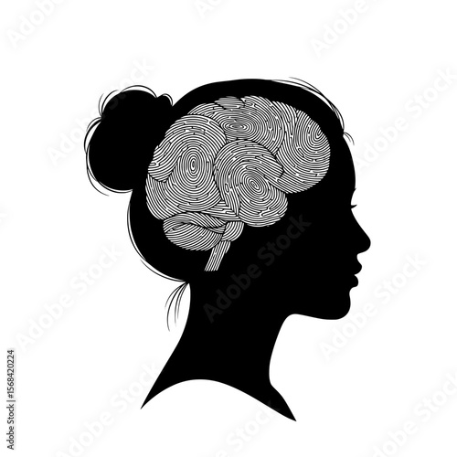 Silhouette profile of a human head with a brain composed of fingerprint patterns representing identity and individuality isolated on transparent background silhouette