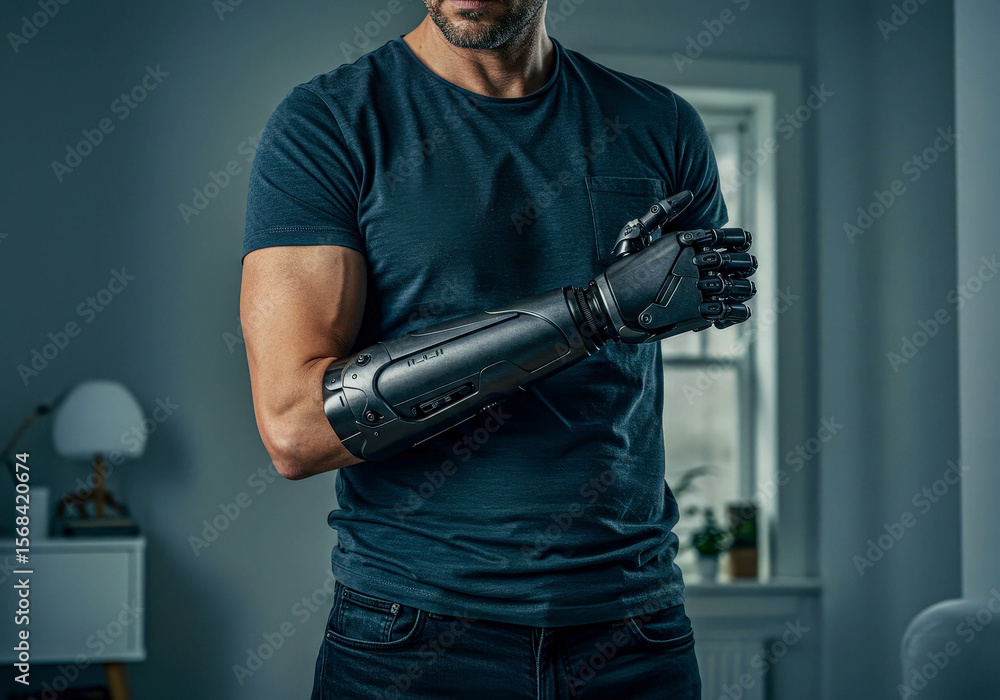 Obraz premium Man wearing a futuristic bionic prosthetic arm. Concept of next generation rehabilitation and advanced technology integration.