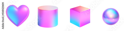 Holographic 3D Shapes with Glossy Iridescent Surface – Heart, Cylinder, Cube, and Sphere Rendered in Chrome-Like Plastic with Rainbow Reflection