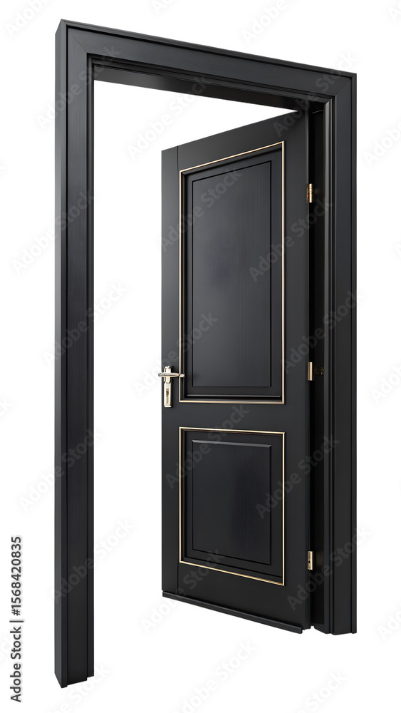 A glossy black door with gold trim, slightly ajar within a matching black frame A glossy black door with gold trim, slightly ajar within a matching black frame