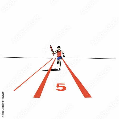 Runner with baton on relay track lane number five  