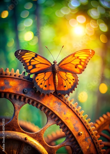 Vibrant monarch butterfly rests on old rusty gears in a sunlit forest