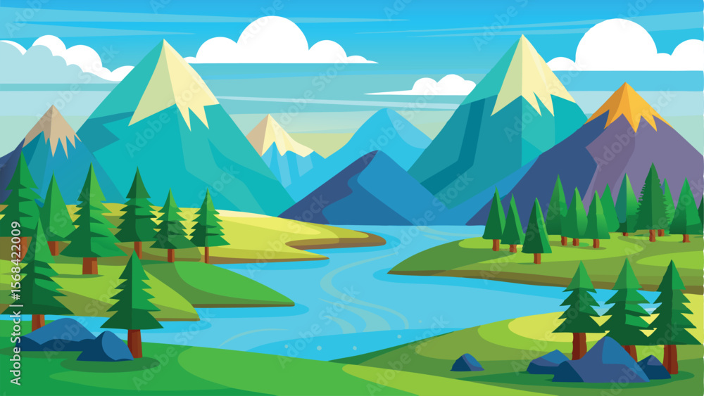Fototapeta premium Cartoon Landscape Mountains, River, and Trees with Clear Blue Sky and Clouds