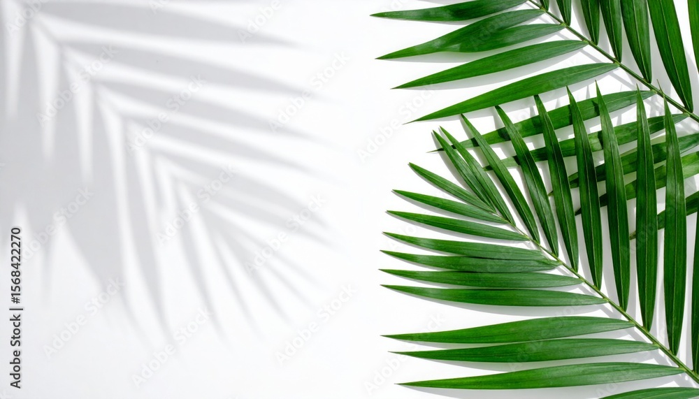 Fototapeta premium Green Palm Leaves and Shadows on White Background
