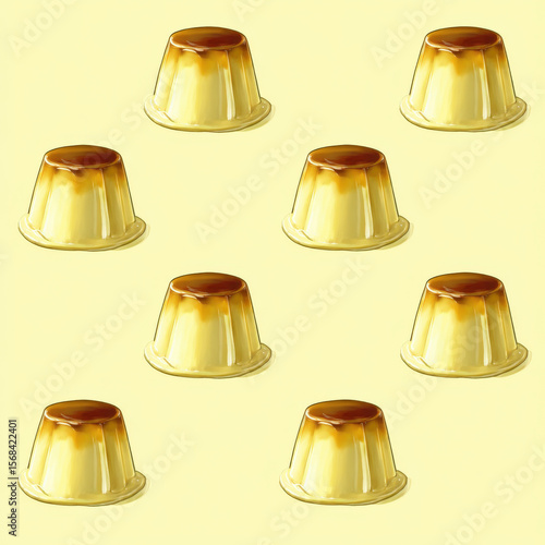 Seamless Watercolor Pattern of Vanilla Puddings on Soft Yellow Background