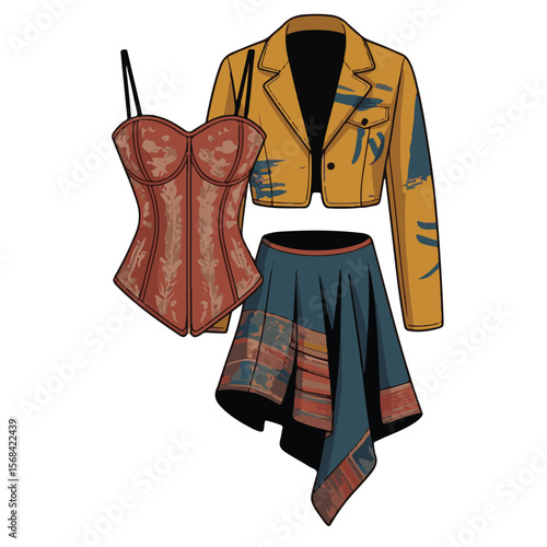Fashionable apparel, including jackets, dresses, and shirts, on hangers, with isolated leather and fur garments for women and men, showcasing diverse clothing styles
