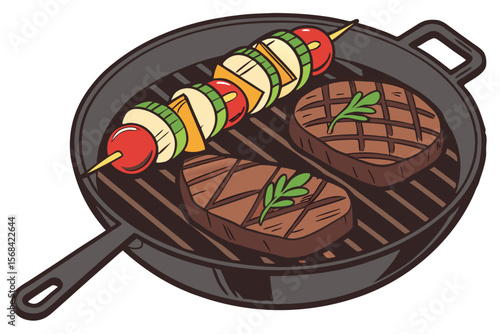 a photo of a cast iron grill with grilled meat, vegetables, and condiments on a charcoal grill, detailed food, high resolution, photorealistic, 8k