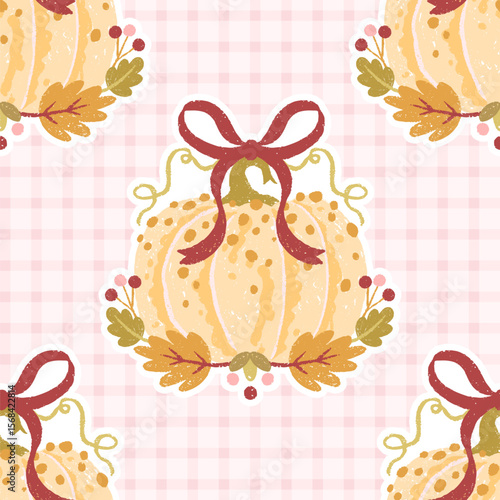 Seamless vector pattern with kawaii pumpkin, ribbon bow, and autumn leaves on soft pink gingham. Cozy flirty Preppy fall design in pastel cotton palette for textiles and prints.