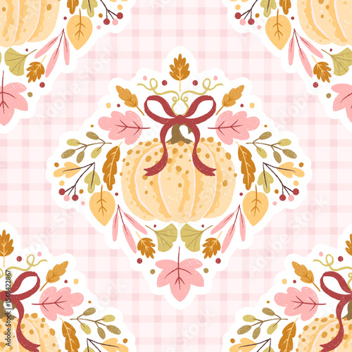 Seamless vector pattern with kawaii pumpkin, ribbon bow, and autumn leaves on soft pink gingham. Cozy flirty Preppy fall design in pastel cotton palette for textiles and prints.