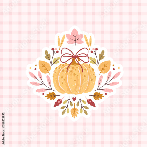 Trendy fall postcard with a flirty pumpkin, ribbon bow, and autumn bouquet on soft pink gingham background. Cute kawaii Preppy style in pastel cotton palette.