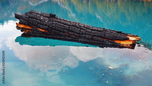 Charred log floating in vibrant blue water with reflections
