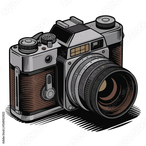 Vintage 35mm film camera with a classic black body and silver lens, an antique photographic object isolated on white