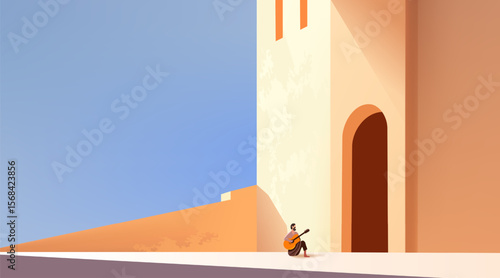 A man sits peacefully at the base of a sunlit Mediterranean style cathedral, playing a guitar under a clear blue sky.