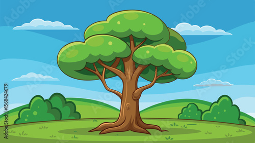 Cartoon Tree Landscape Featuring Green Grass, Rolling Hills, Blue Sky, and Scattered Clouds