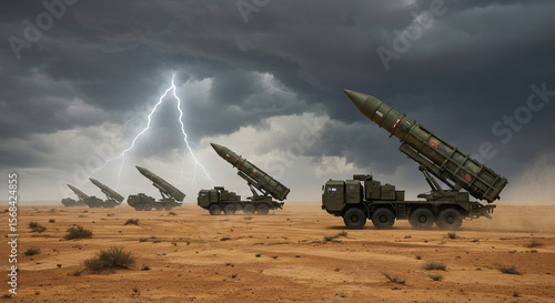 “A convoy of Iranian ballistic missiles on mobile launchers moving through a barren desert under stormy clouds”