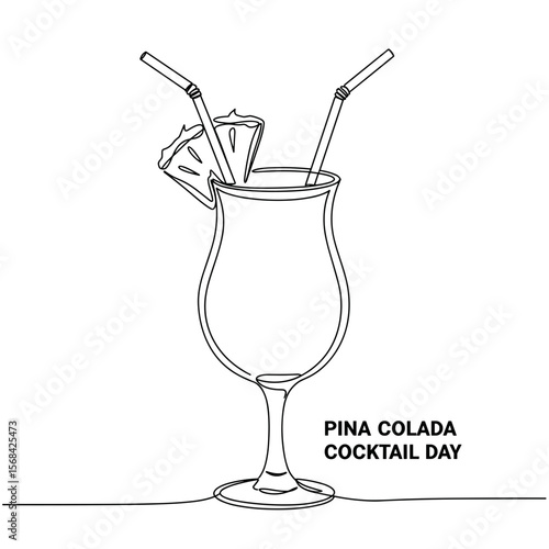 Pina colada cocktail with straws and pineapple garnish on white background  