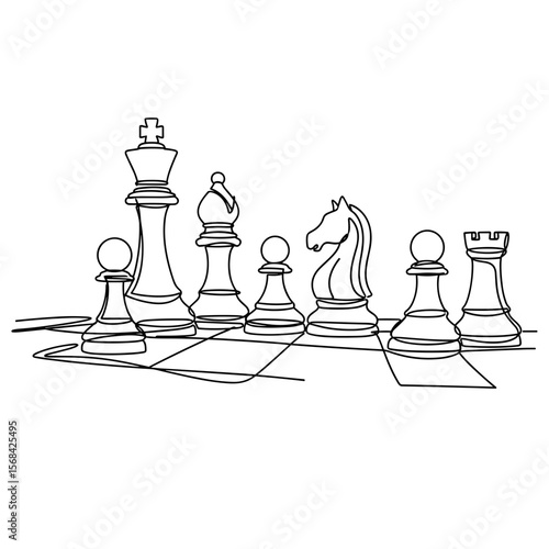 Outline drawing of chess pieces on a board in minimalist style  