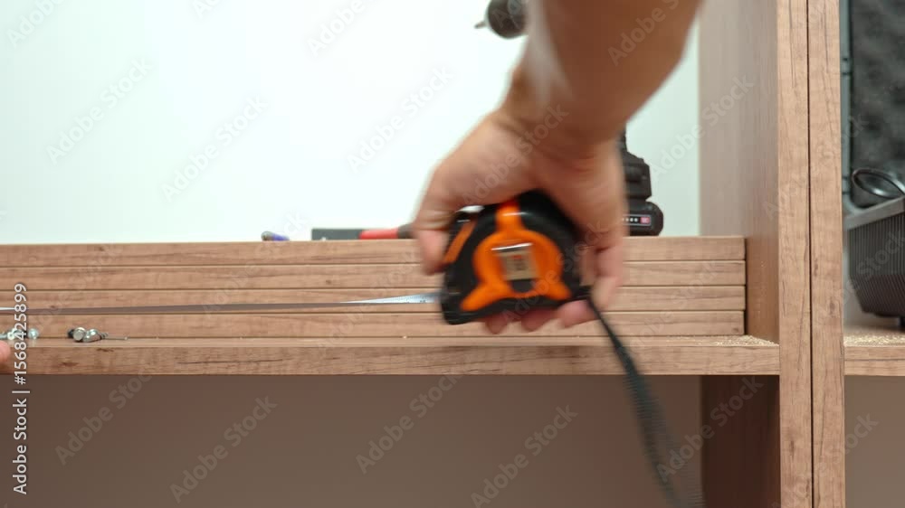 Close-up of man measuring wooden wardrobe with tape measure during furniture assembly, with tools and screws on shelf in background. Concept of home renovation and DIY furniture project Close-up of man measuring wooden wardrobe with tape measure during furniture assembly, with tools and screws on shelf in background. Concept of home renovation and DIY furniture project