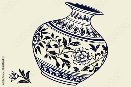 52 blue and white ceramic vase, floral patterns, traditional chinese style, intricate details, high contrast, detailed brush strokes, porcelain texture