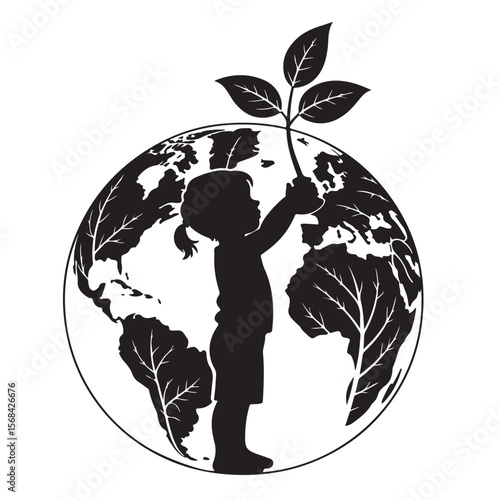 A verdant leaf embraces a globe illustration, symbolizing eco-friendly global concepts with tree and water elements