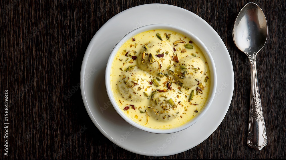 Pakistani ras malai saffron milk with cardamom served cold on white plate top down view Pakistani ras malai saffron milk with cardamom served cold on white plate top down view