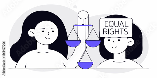 Women holding scales and equal rights sign, minimal flat style illustration representing social justice and equality