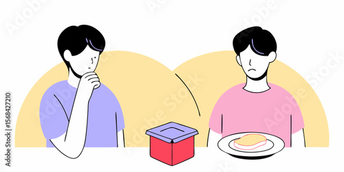 Two sad men with empty food container and plate, minimal flat style illustration representing food insecurity and hunger