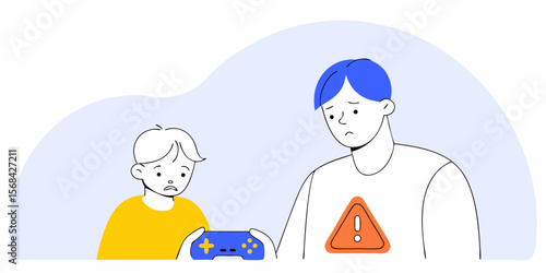 Sad child and worried parent with game controller, minimal flat style illustration representing video game addiction awareness
