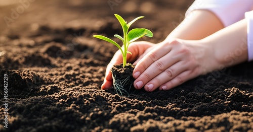 Hands gently plant a small seedling in rich soil, symbolizing new beginnings and environmental care during a natural morning light.