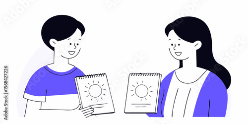 Two people sharing sun drawings on sketchpads, minimal flat style illustration representing creativity and positive communication