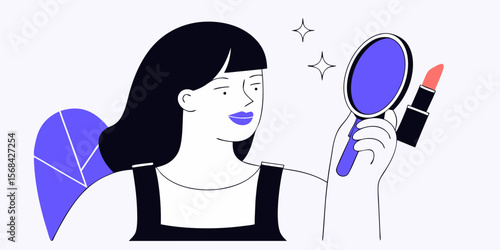 Confident woman holding mirror and lipstick, minimal flat style illustration representing beauty and self-expression