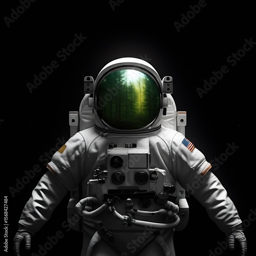 Surreal digital art: Astronaut in deep space, helmet reflecting a lush green forest of stars, cinematic and awe-inspiring.