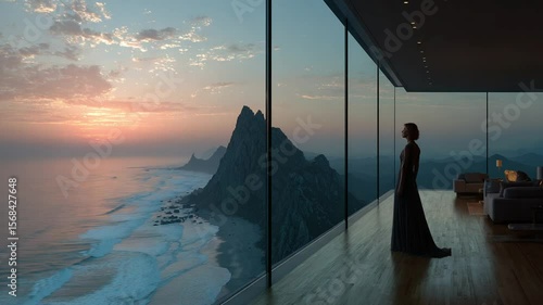 Woman gazing at sunset ocean view through a luxury home's giant windows