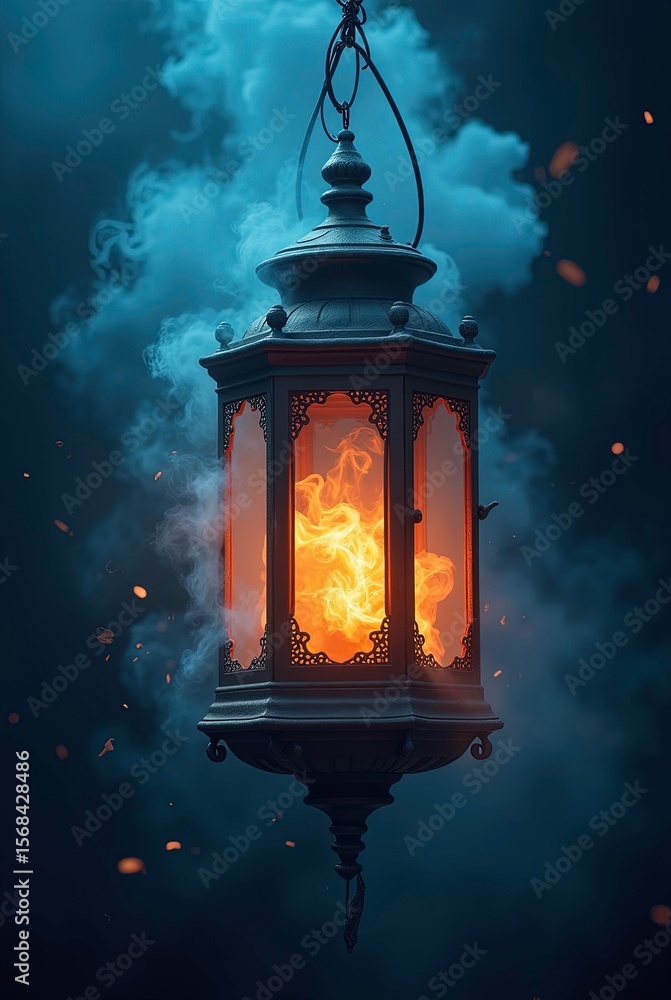 Glowing Lantern with Mystical Smoke at twilight, 3d illustration Glowing Lantern with Mystical Smoke at twilight, 3d illustration