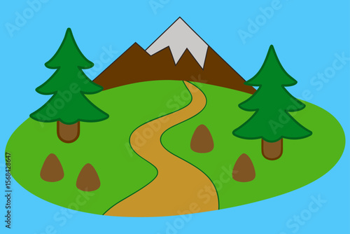 Flat Design Of Mountainside Trail With Grassy Field