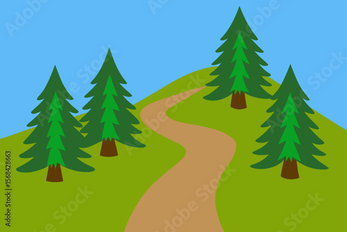Flat Design Of Mountainside Trail With Grassy Field