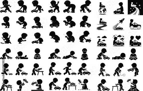 Toddler Playing with Toy Car Icon – Childhood Silhouette Pack Boy with Toy Car Silhouette Set – Cute Kids Playing Vector Icons