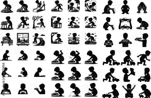Toddler Playing with Toy Car Icon – Childhood Silhouette Pack Boy with Toy Car Silhouette Set – Cute Kids Playing Vector Icons