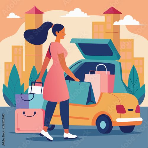 Woman Loading Shopping Bags into Car Trunk After Successful Shopping Spree