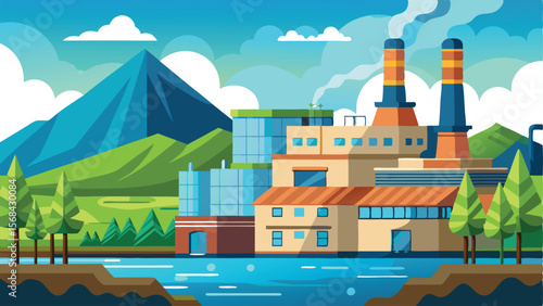 Cartoon Illustration of Factory on Water With Mountain Backdrop and Cloudy Blue Sky