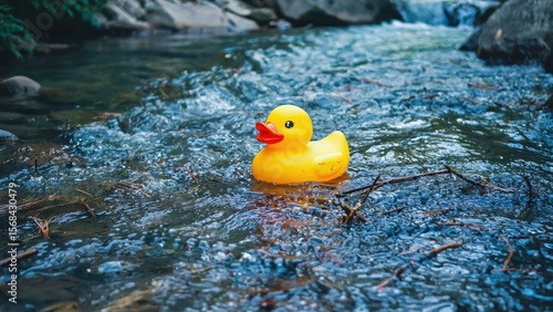 Yellow rubber duck floating on freshwater stream amidst natural rocks and flowing water