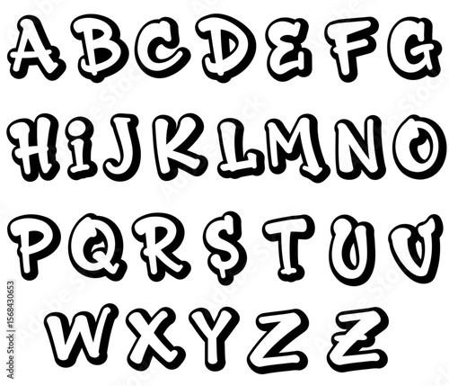 Set of comic style letters, vector comic letters, vector hand drawn comic alphabet A to Z, white letters with outline and shadow