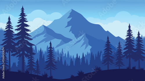 Monochromatic Blue Landscape Forest with Silhouette Trees and Majestic Mountain Range Backdrop