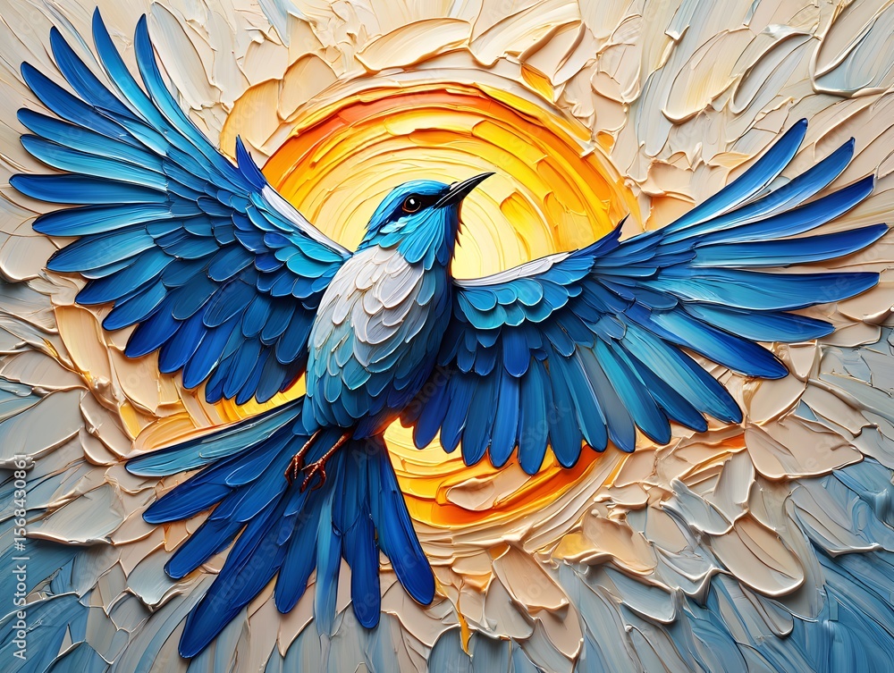 Obraz premium Blue bird flying artwork painting oil on canvas bird art wings spread avian illustration design