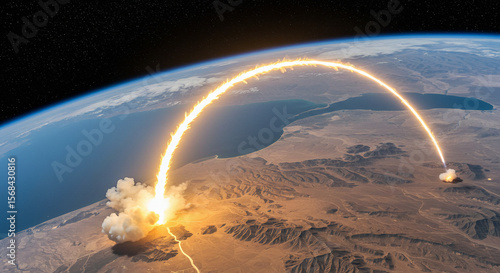 An Iranian ballistic missile rising above a desert horizon at sunrise, leaving behind a massive smoke trail”