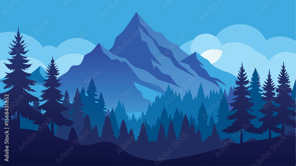 Fototapeta premium Blue Toned Landscape Featuring Mountains, Pine Trees, and Overlapping Cloud Formations Vector