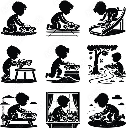Toddler Playing with Toy Car Icon – Childhood Silhouette Pack Boy with Toy Car Silhouette Set – Cute Kids Playing Vector Icons