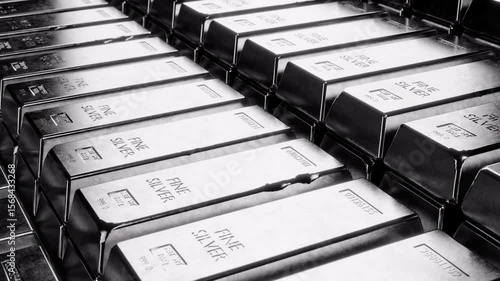 Close-up of stacked silver bars in a vault. Ideal for financial, investment, and precious metals topics. Perfect for economic content, banking, or wealth visuals. Trend: tangible assets.